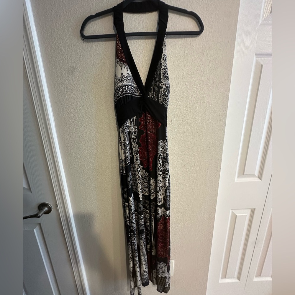 Y2K Black/Red Halter Maxi Dress Size XS/S Goth Vamp Paisley Print 2000s
